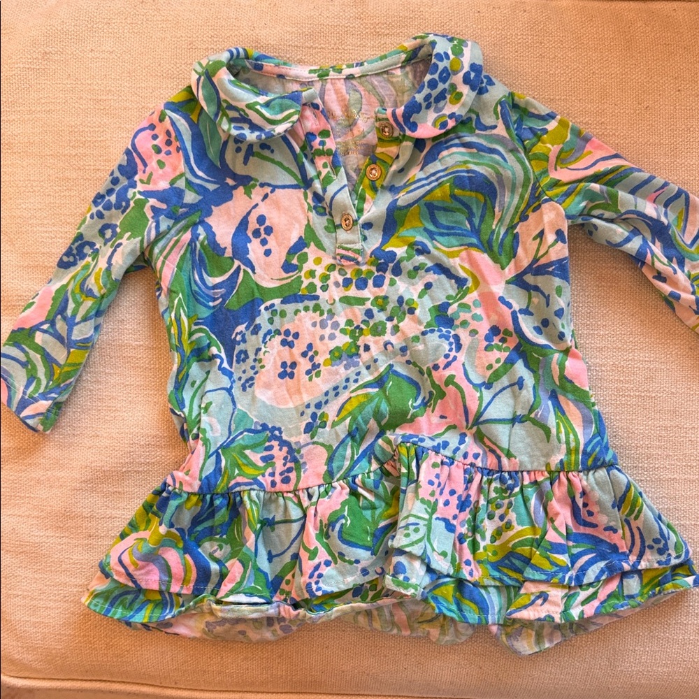 Lilly Pulitzer Girls' Multicolor Floral Ruffle Hem Polo Top